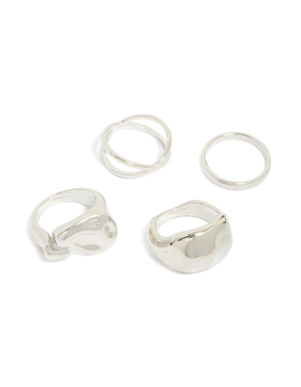 Beautifully crafted silver clean and molten rings 4-pack with chunky style front view