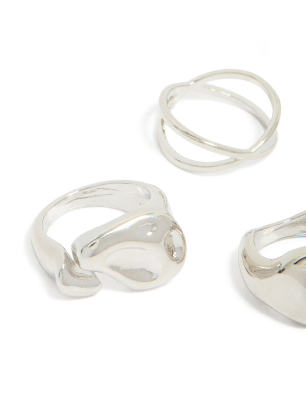 Showcasing silver clean and molten rings 4-pack featuring chunky design close up view