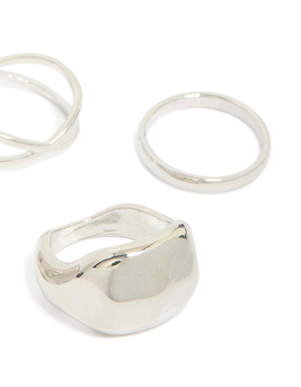 Detailed silver clean and molten rings 4-pack in chunky style side detail view