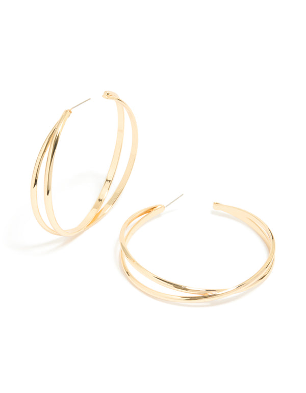 Gold Large Cross Over Hoop Earrings