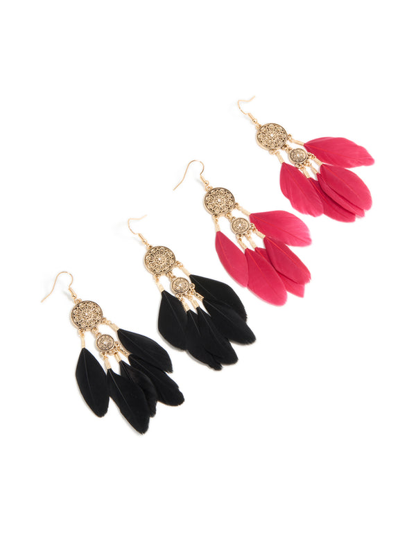 Antique Gold Black & Pink Boho Feather Drop Earrings Pack