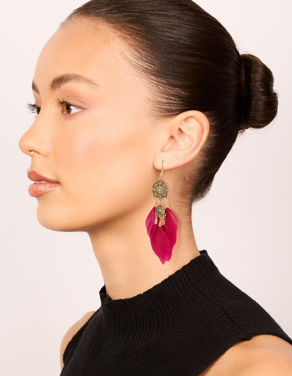 Antique Gold Black & Pink Boho Feather Drop Earrings Pack