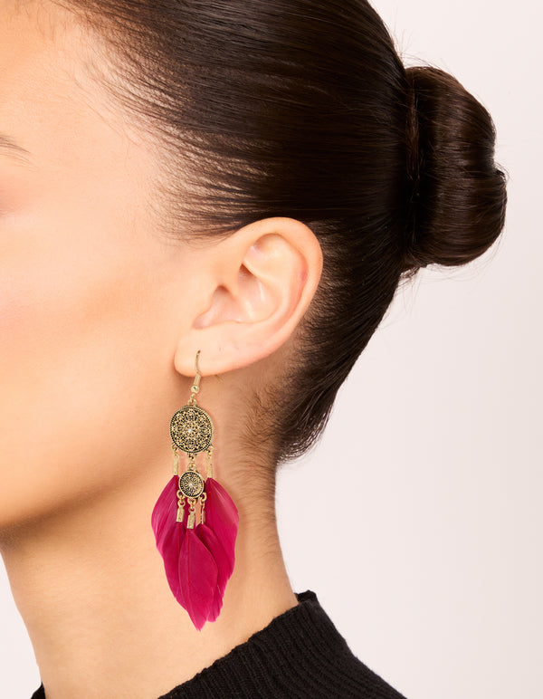 Antique Gold Black & Pink Boho Feather Drop Earrings Pack