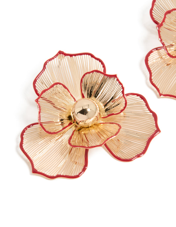 Gold Statement Red Outline Flower Stud Earrings