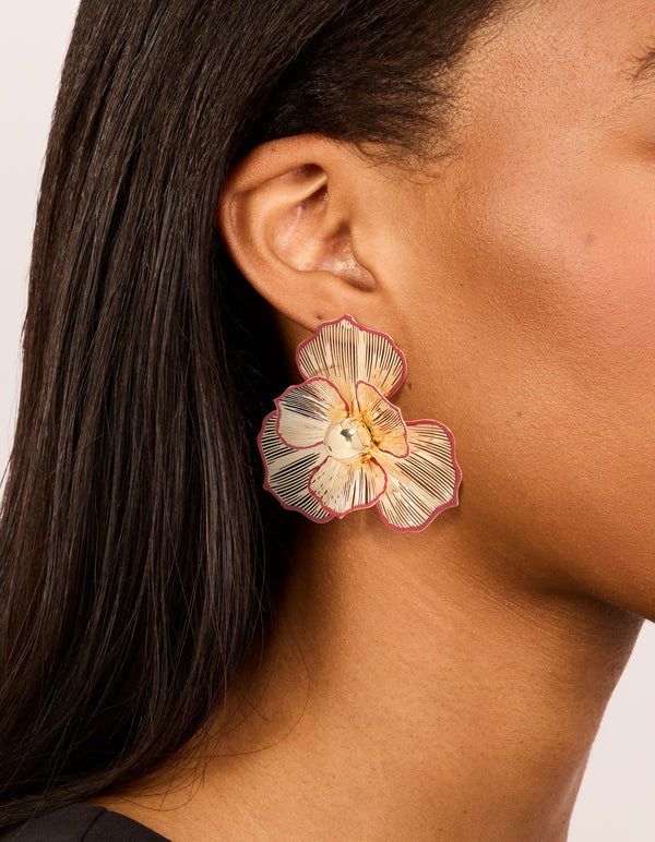 Gold Statement Red Outline Flower Stud Earrings