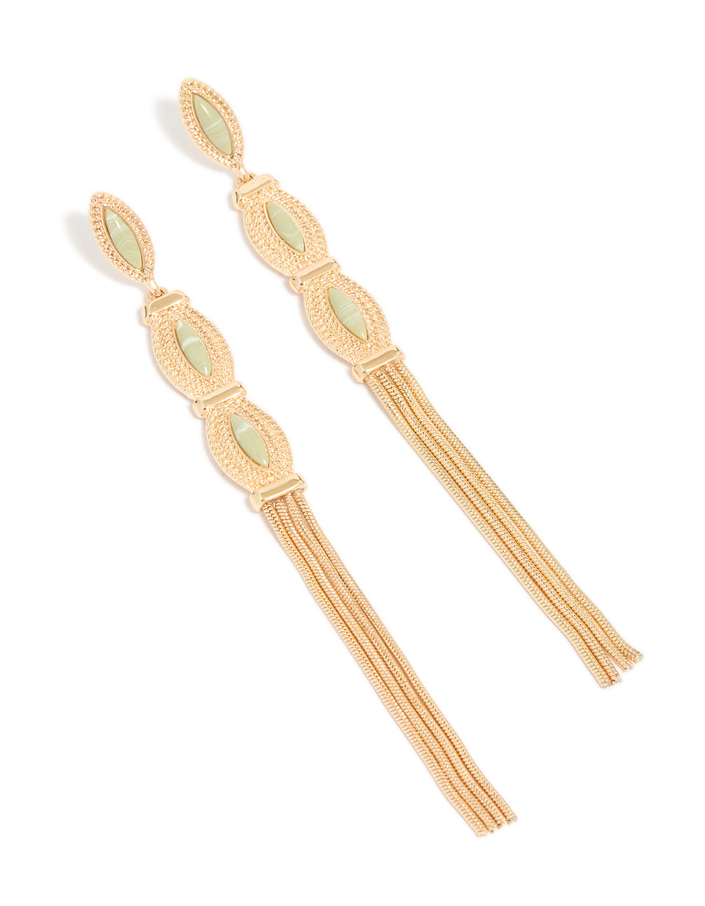 Stunning gold green stone boho tassel drop earrings in statement style front view