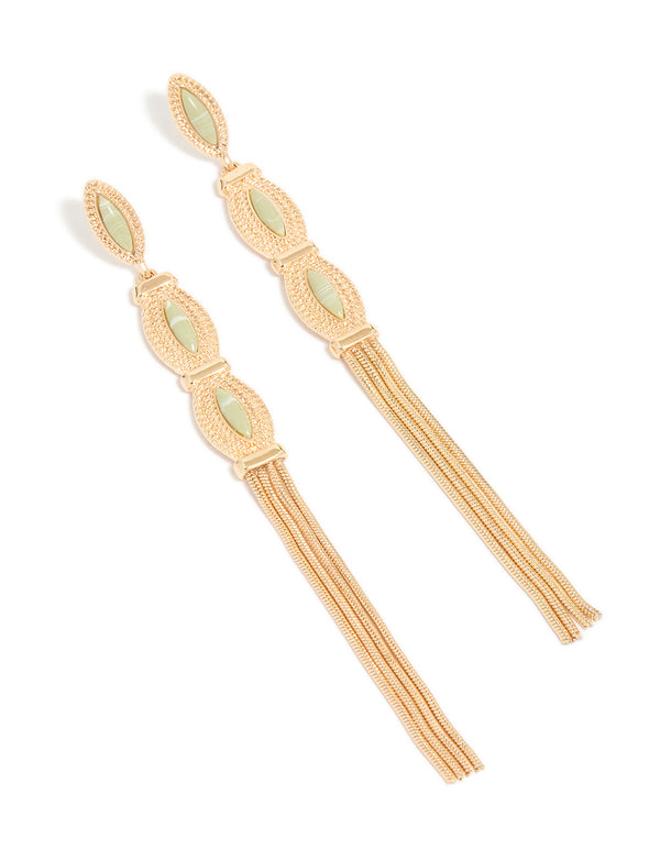 Stunning gold green stone boho tassel drop earrings in statement style front view