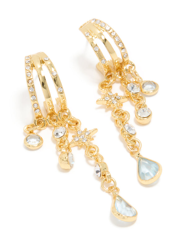 Discover statement earrings in gold featuring celestial & charm accents with cubic zirconia and pale turquoise teardrop dangles front view