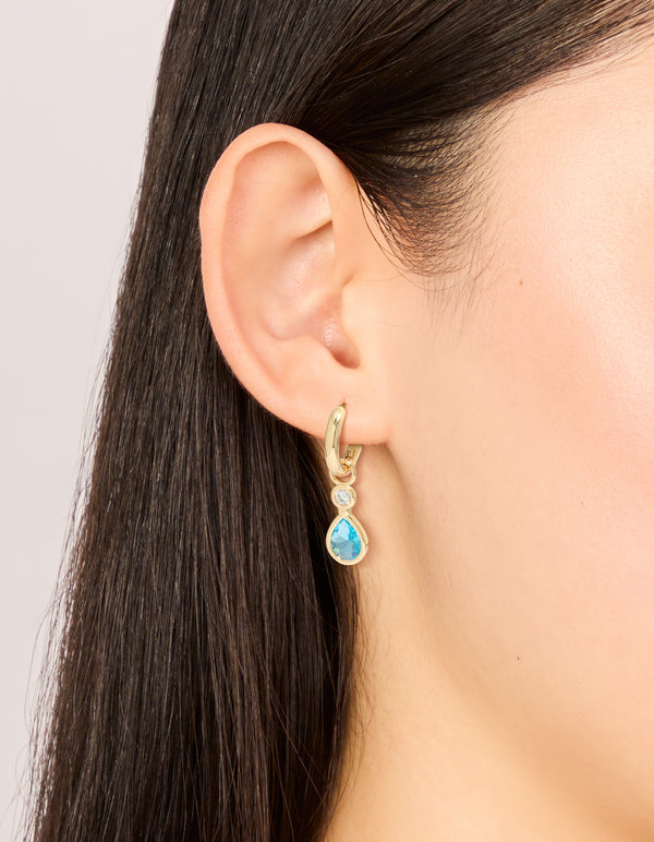 Gold Plated Blue Cubic Zirconia Teardrop Huggie Earrings