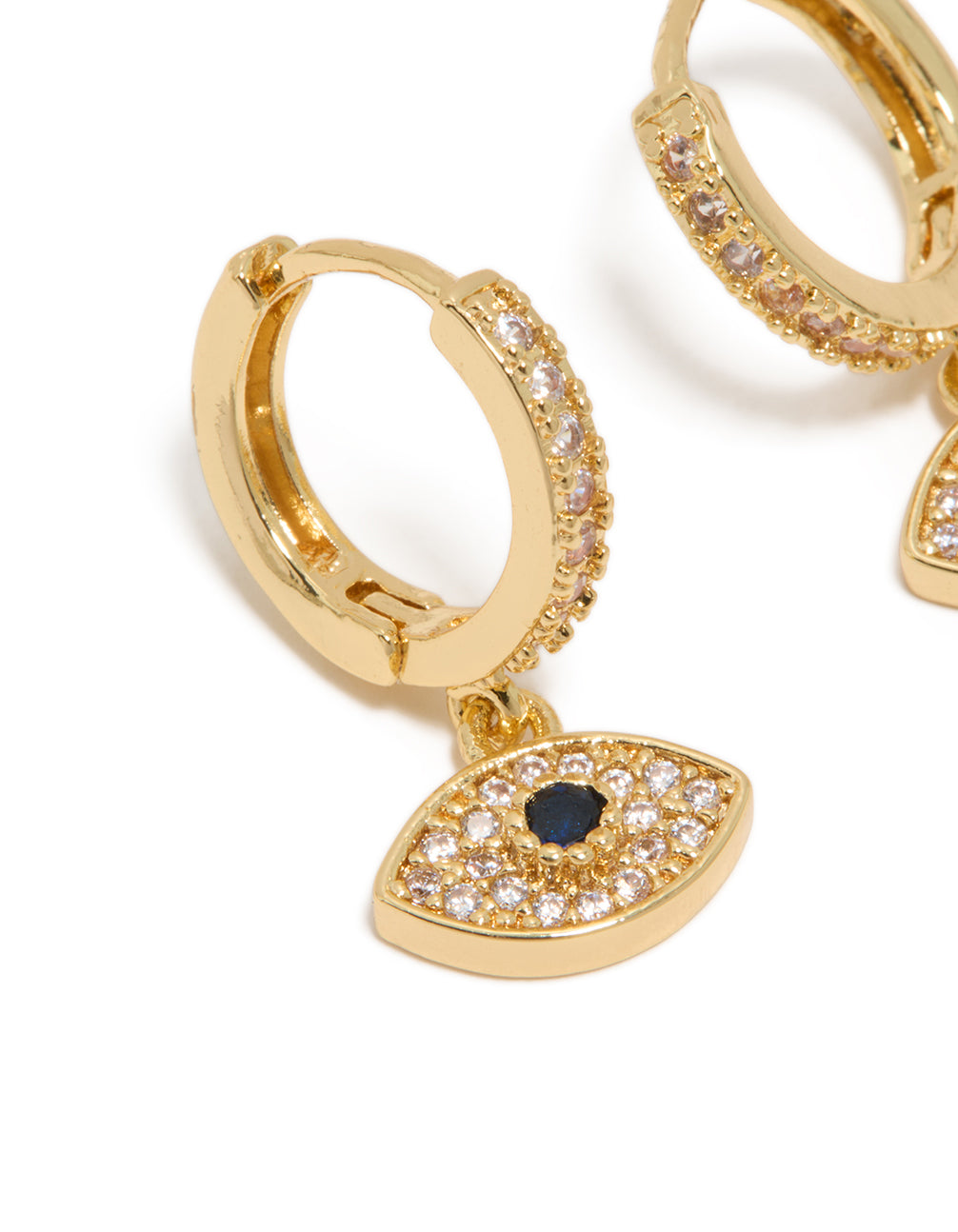Featuring gold-plated cubic zirconia evil eye huggie drop earrings with clear and navy stones, close-up view