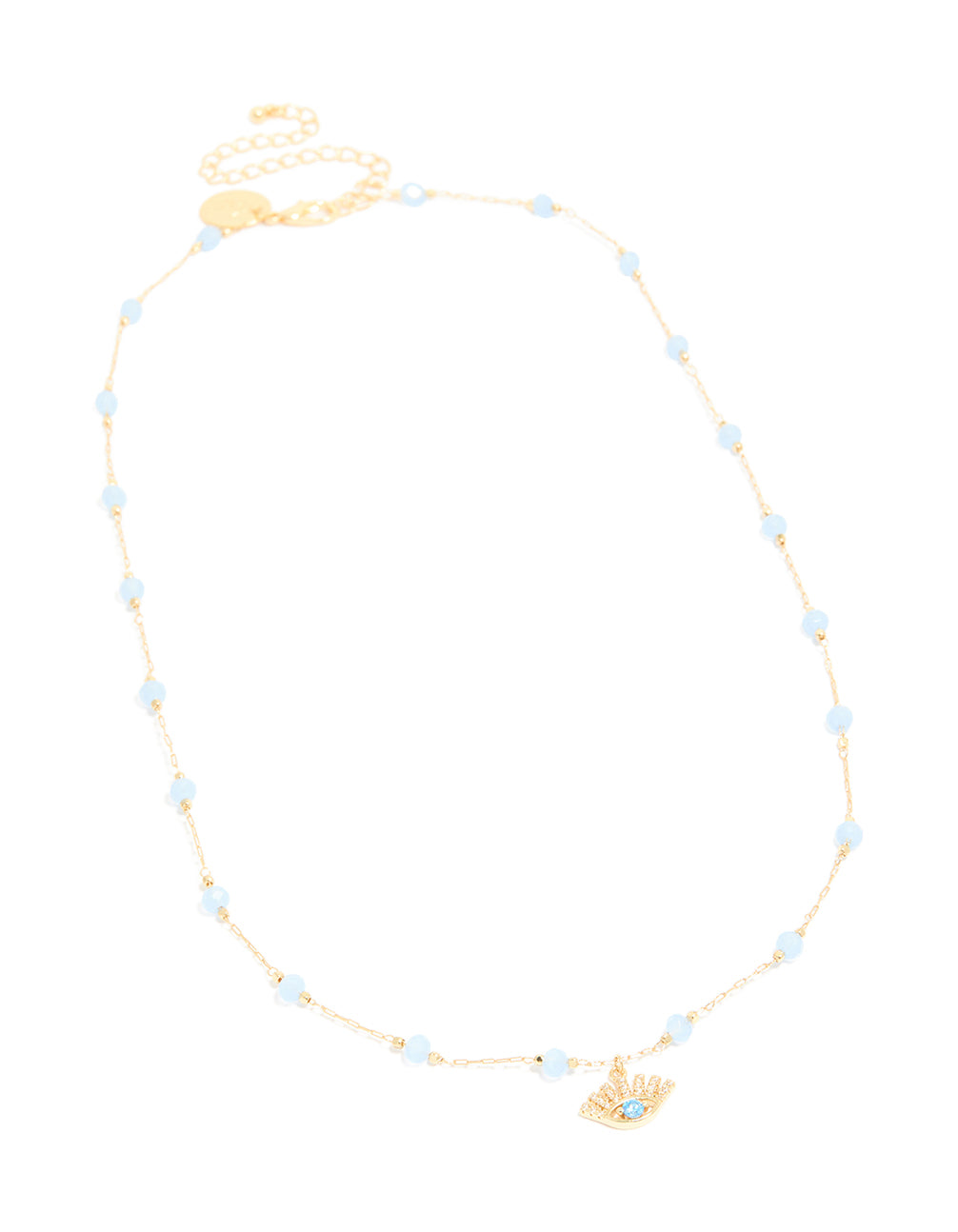 Featuring gold plated blue beaded and evil eye pendant necklace with cubic zirconia in a statement design front view