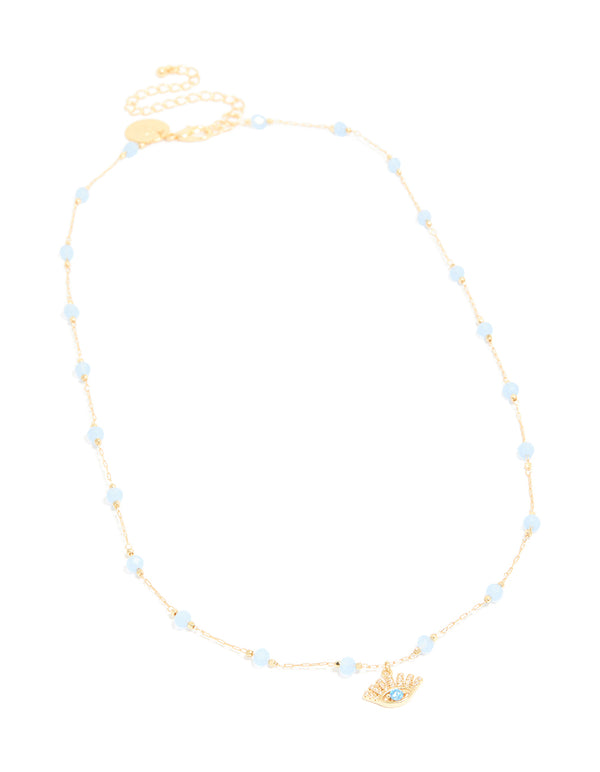Featuring gold plated blue beaded and evil eye pendant necklace with cubic zirconia in a statement design front view