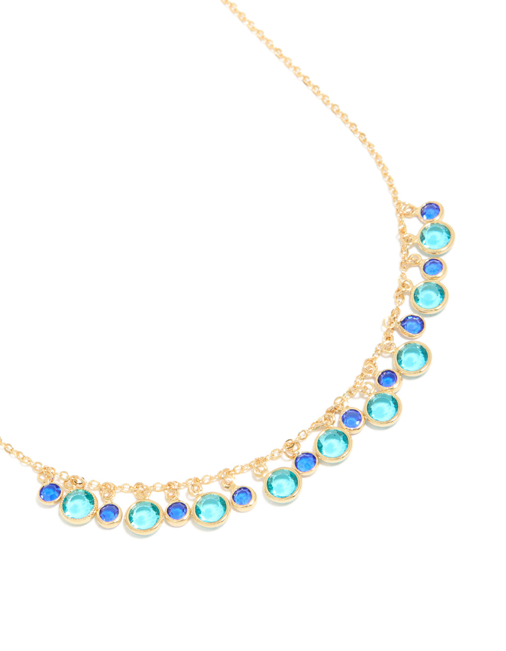 Elegant gold plated light and dark blue cubic zirconia circle necklace featuring statement design close up view