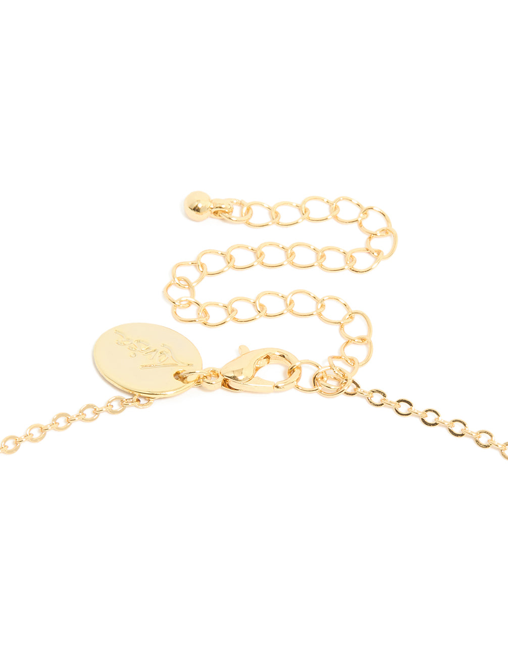 Presenting a gold plated light and dark blue cubic zirconia circle necklace with statement design clasp detail view