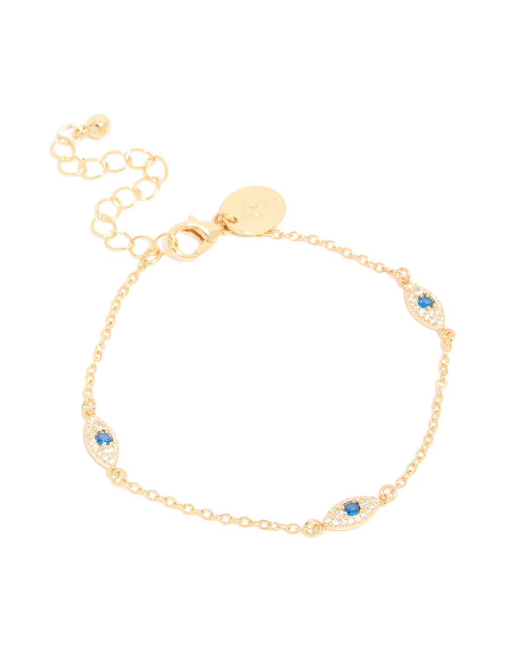 Discover this gold plated cubic zirconia evil eye trio bracelet in a full front view