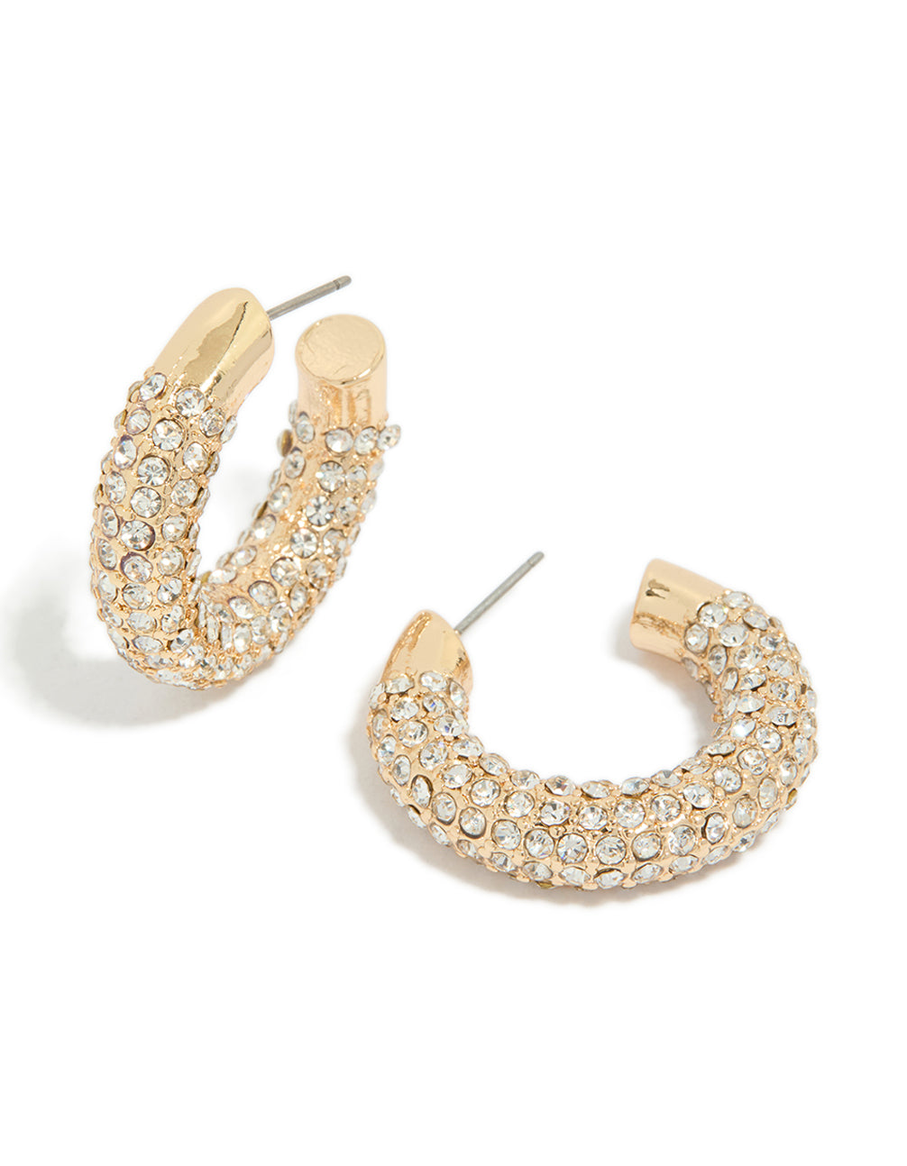 Discover these gold diamante small hoop earrings featuring a sparkling finish on front view