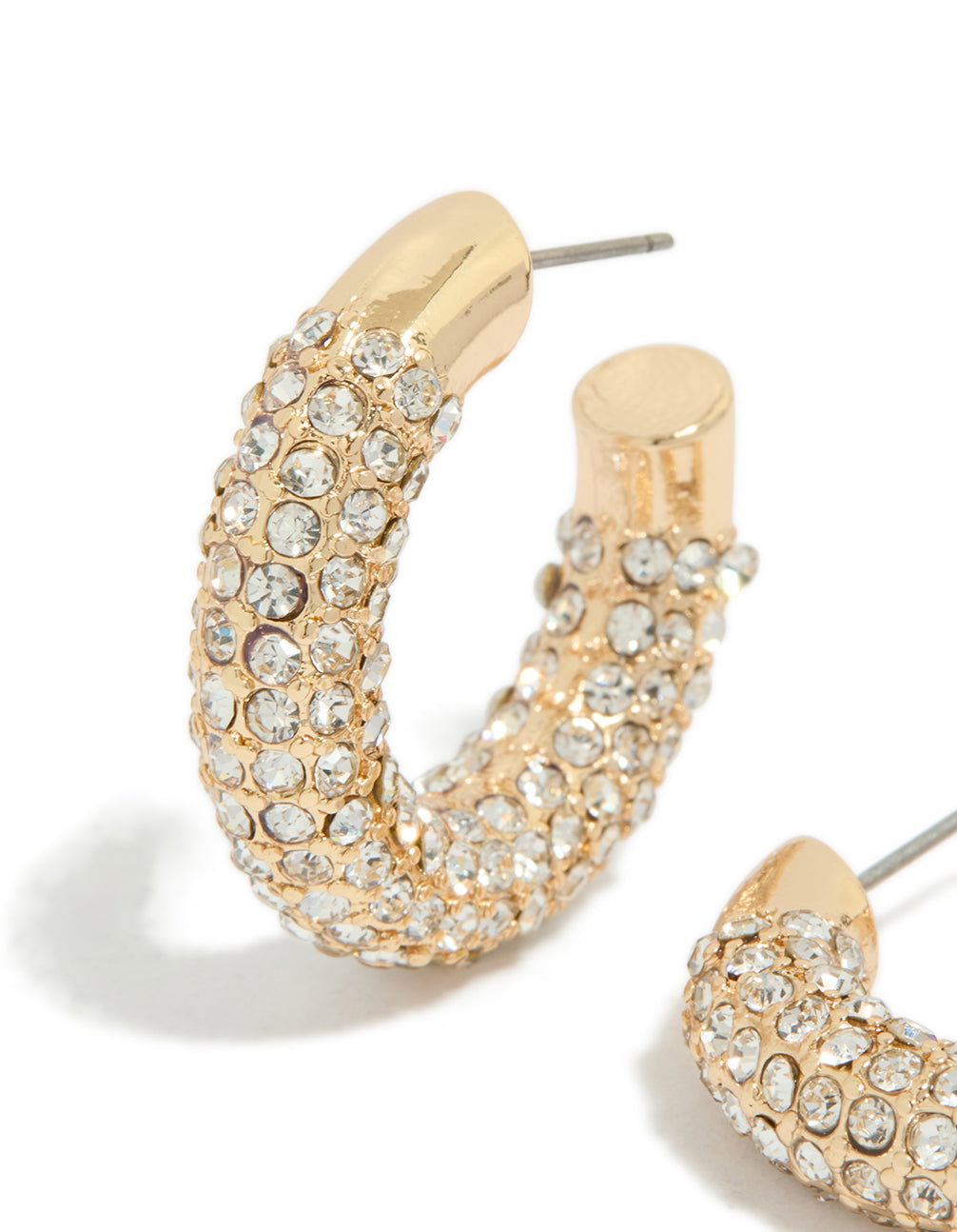 These gold diamante small hoop earrings showcase intricate embellished detailing on close up view