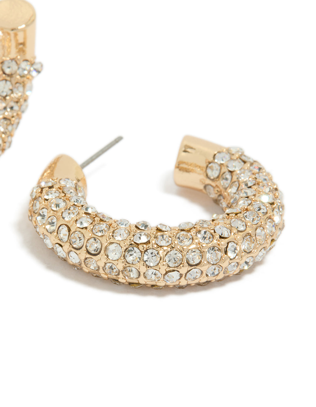 These gold diamante small hoop earrings showcase intricate embellished detailing on close up view