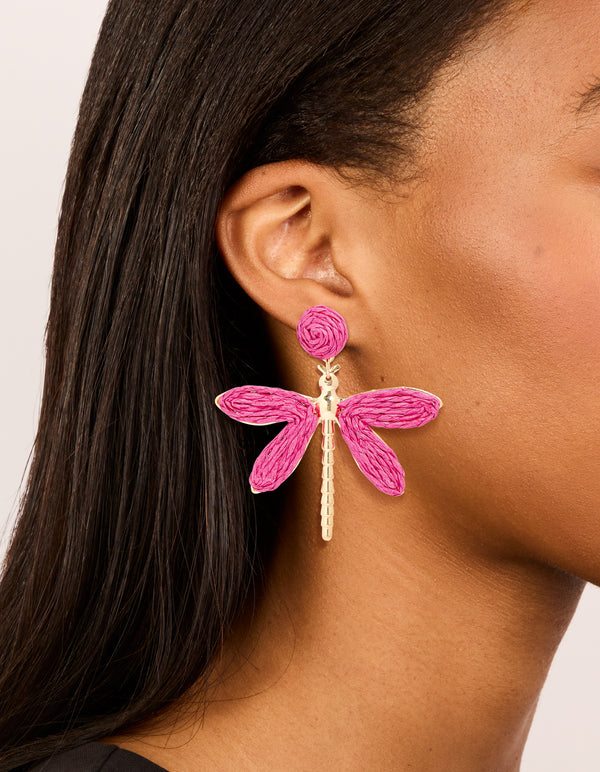 Gold Hot Pink Raffia Dragonfly Drop Earrings