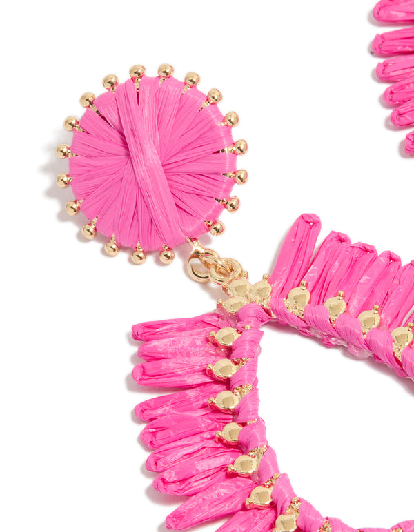 Gold Hot Pink Raffia Oval Drop Earrings