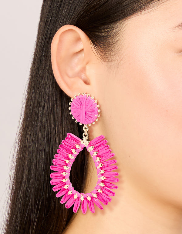 Gold Hot Pink Raffia Oval Drop Earrings