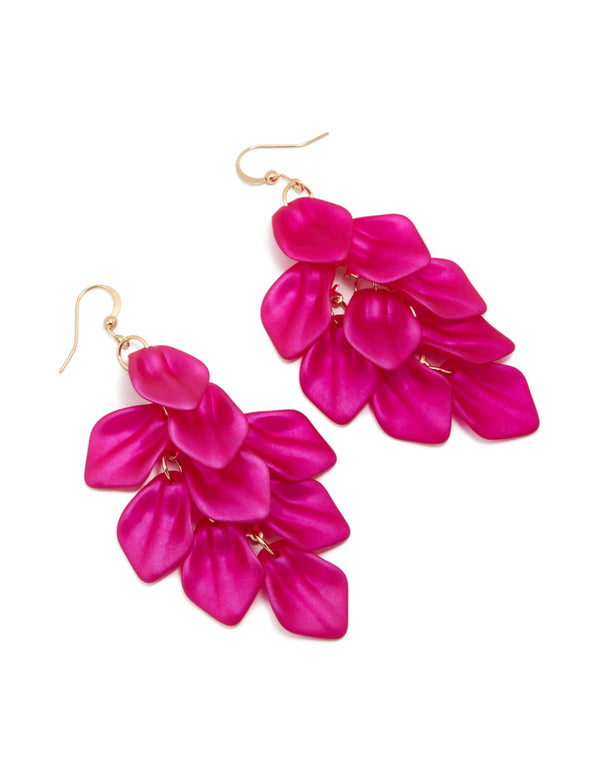 Showcasing fuchsia pink coated metal petal drop statement earrings with gold accents front view
