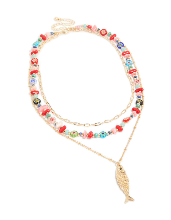 Gold Fish Pendant & Multicoloured Beaded Layered Necklace