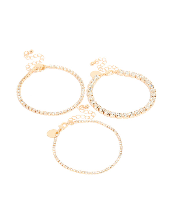 Gold Diamante Tennis Bracelets 3-Pack
