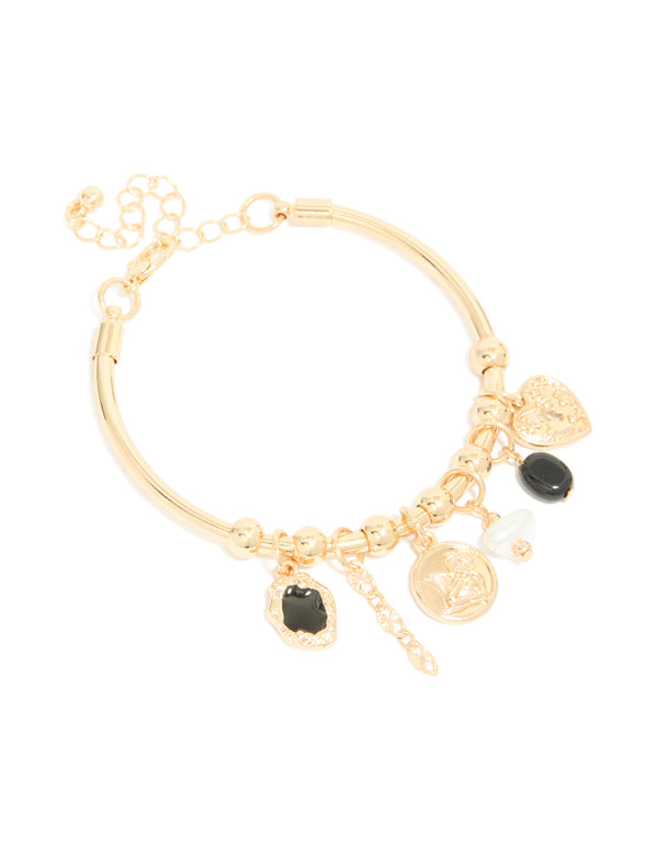 Gold Heart & Black Stone Charm Bracelet