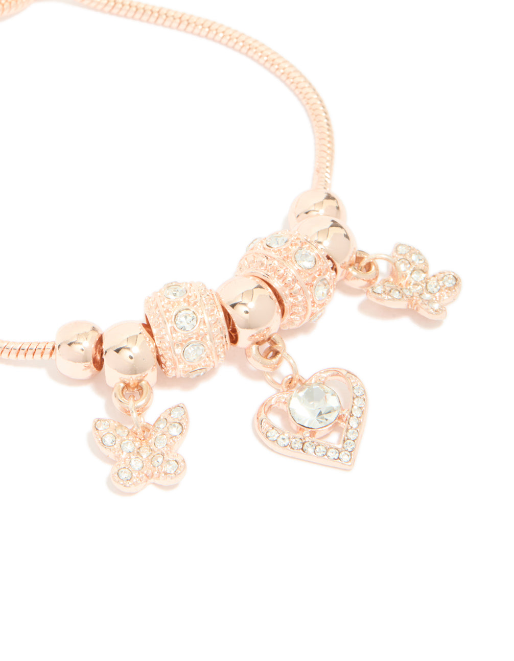 Rose Gold Diamante Heart & Butterfly Charm Toggle Bracelet