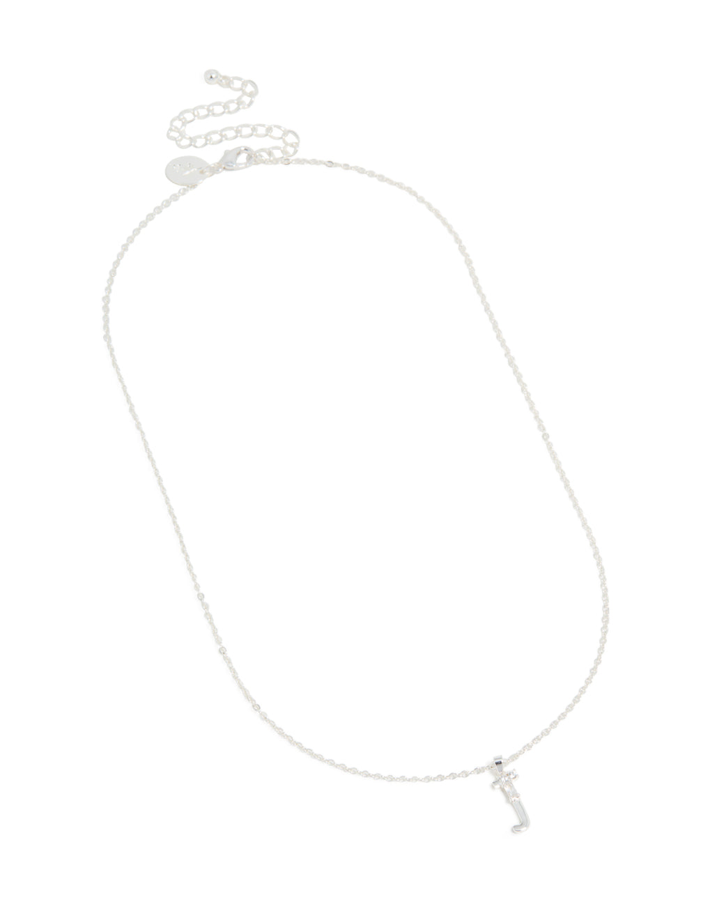 Beautiful thin letter J necklace with an initials pendant crafted from silver plated cubic zirconia front view