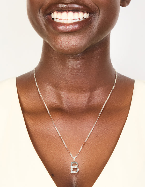 Silver Plated Thin Cubic Zirconia Letter B Necklace