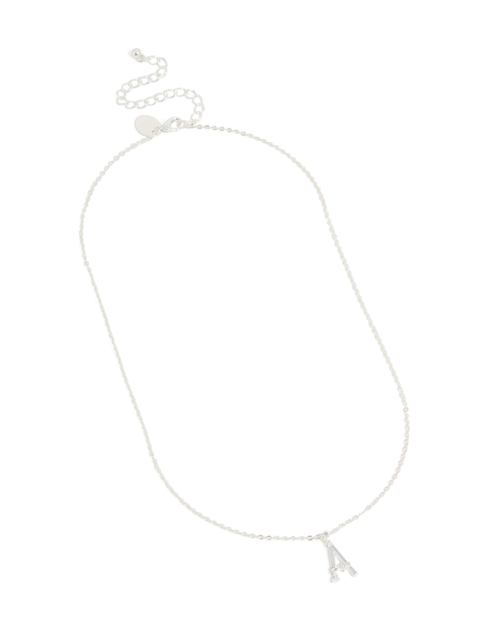 Discover this thin letter A necklace in silver plated metal with a pendant feature and cubic zirconia, designed as a statement piece, front view