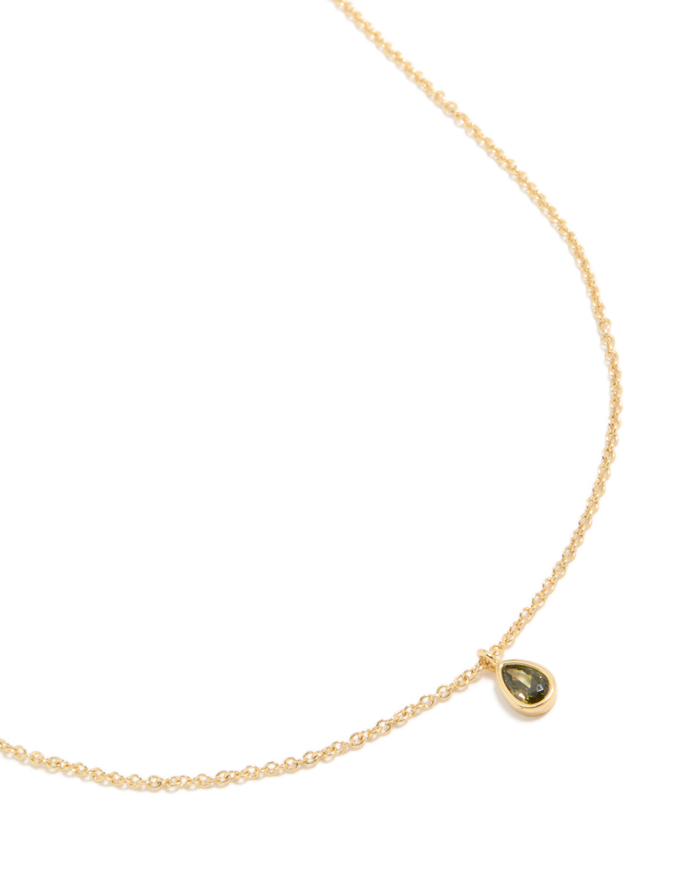Showcasing a gold plated august birthstone necklace with pendant featuring cubic zirconia close up view