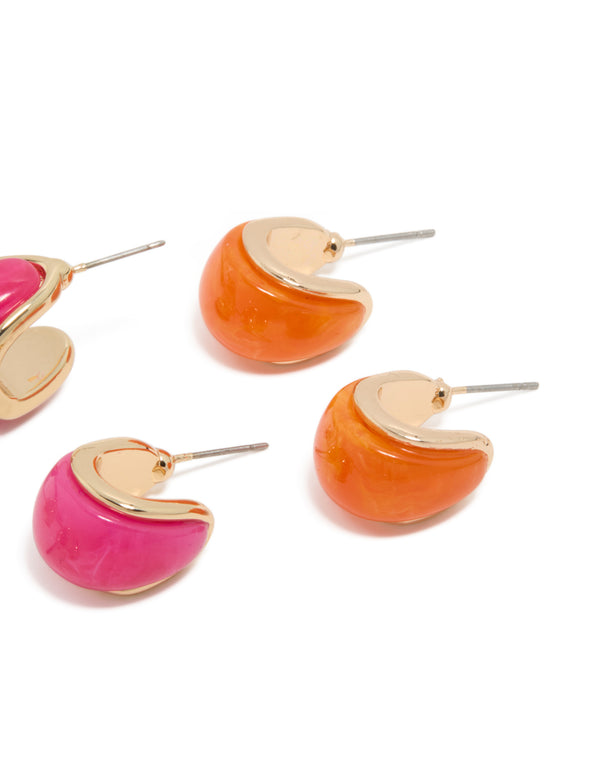Presenting chunky acrylic bubble hoop earrings in a 3-pack in gold, pink, and orange post detail view