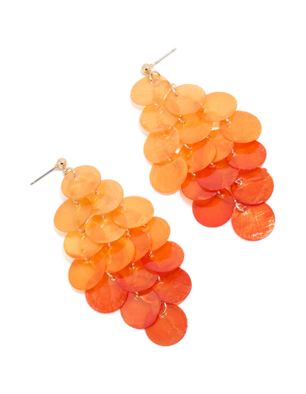 Showcasing orange genuine shell layered discs waterfall drop earrings with statement design in coral and peachpuff tones front view