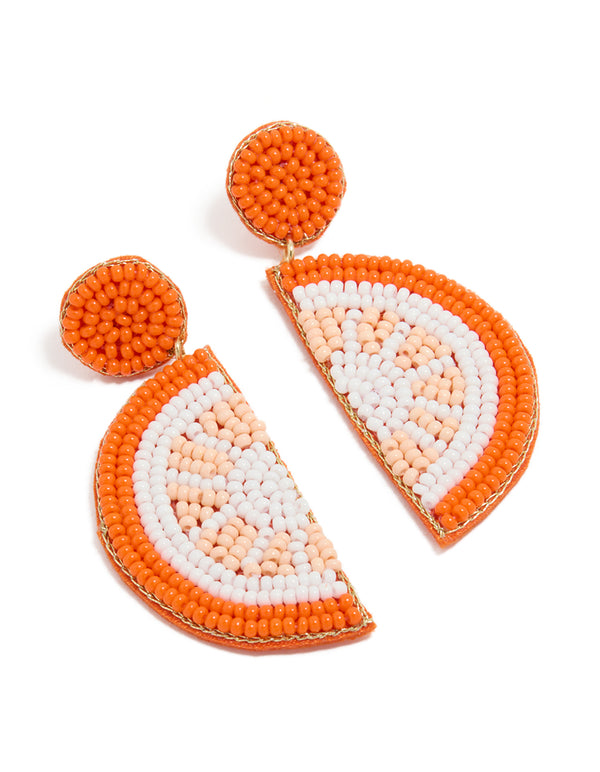 Showcasing statement drop earrings with beaded fruit design in orange white and peachpuff front view