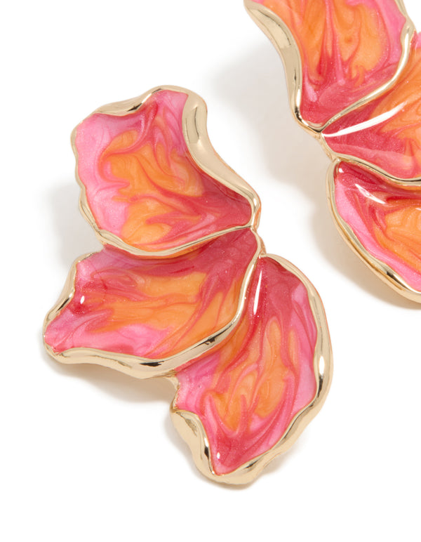 Highlighting small half flower earrings with enamel in light pink, orange, and hot pink tones crafted from gold close up view