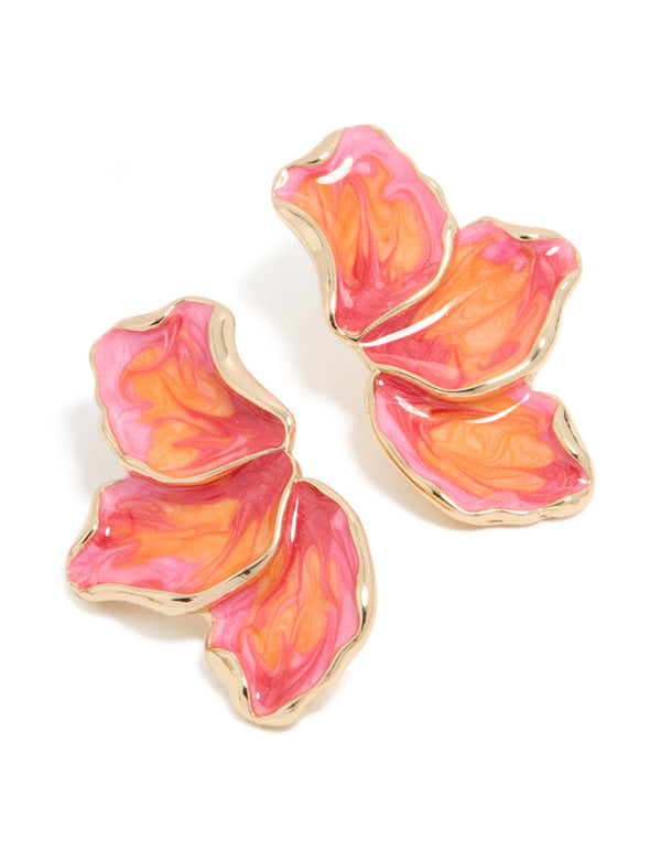 Beautifully crafted small half flower earrings featuring enamel in light pink, orange, and hot pink tones with gold front view
