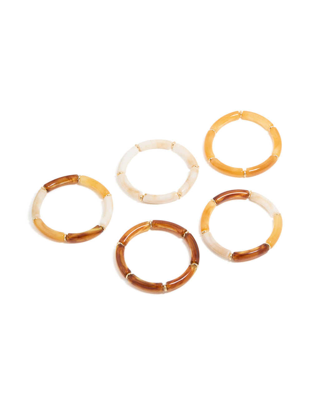 Discover this gold brown and orange acrylic stretch bracelet 5-pack featuring beads front view