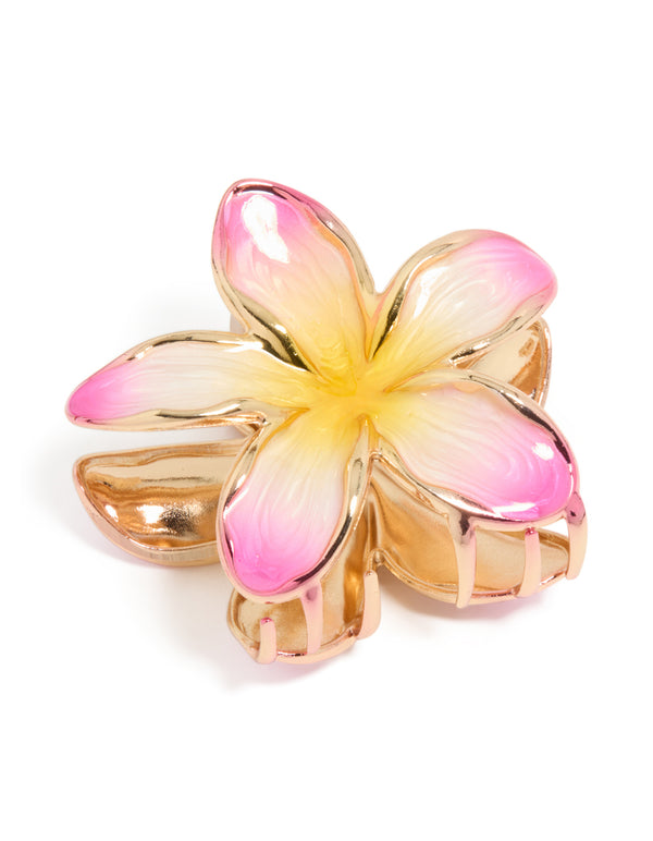 Beautifully crafted floral enamel frangipani claw clip in gold, pink, and yellow front view