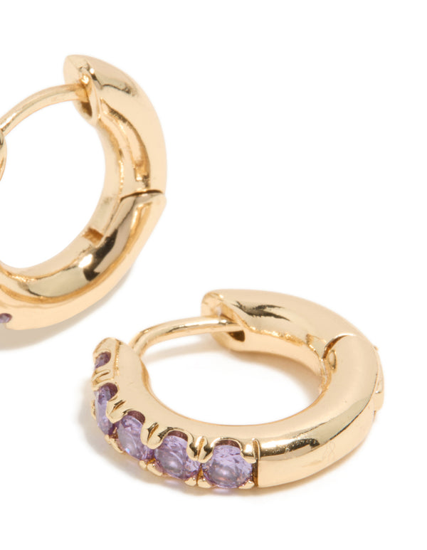 Gold Light Purple Cubic Zirconia Small Clicker Earrings
