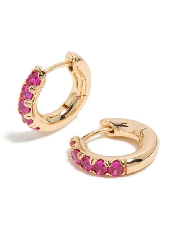 Gold Hot Pink Cubic Zirconia Small Clicker Earrings
