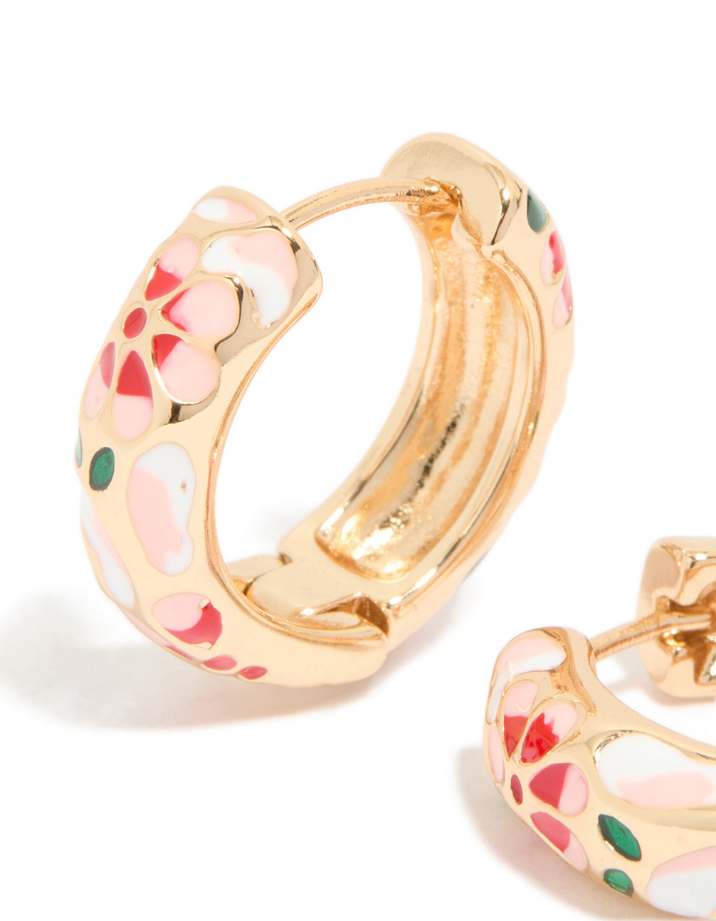 Gold Enamel Floral Thick Huggie Earrings