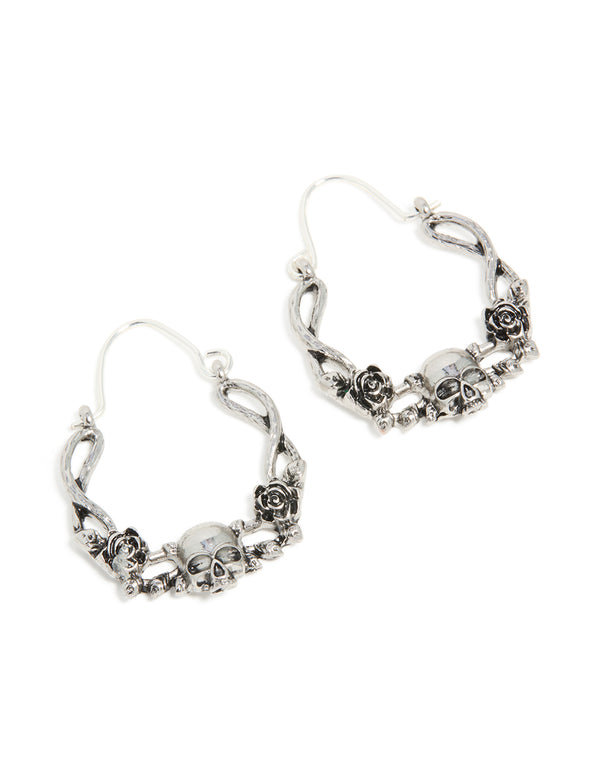Silver Skull & Roses Hoop Earrings