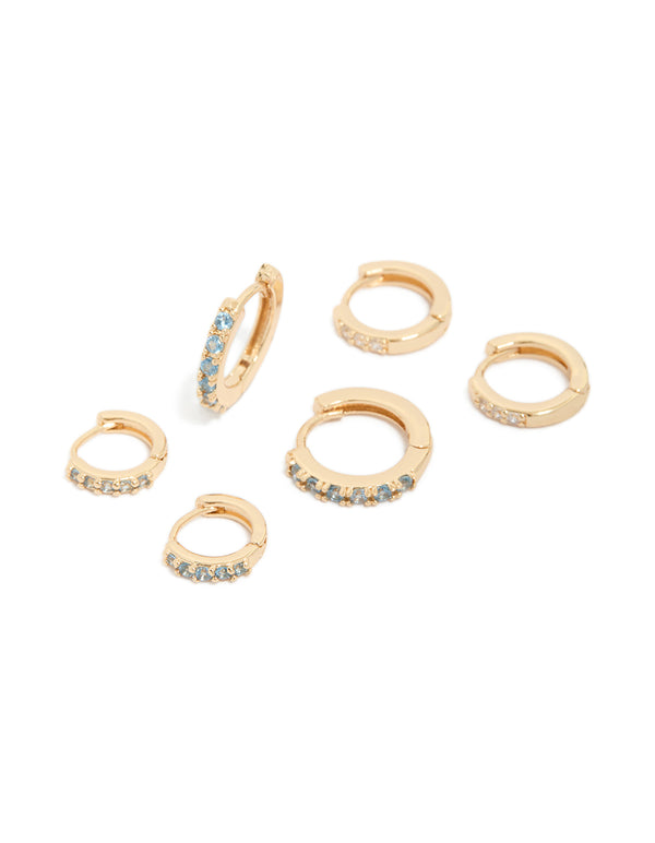 Gold Clear & Light Blue Cubic Zirconia Huggie Earrings 3-Pack