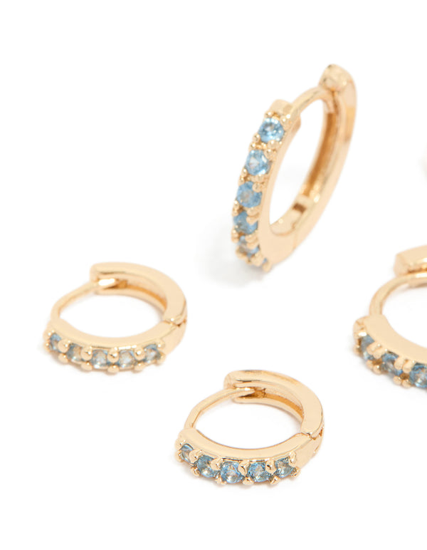 Gold Clear & Light Blue Cubic Zirconia Huggie Earrings 3-Pack