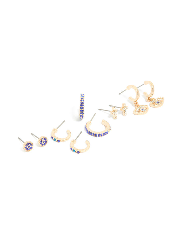 Gold Diamante Evil Eye & Cross Earrings 5-Pack