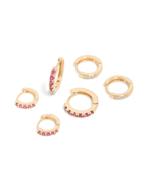 Gold Dark Pink Cubic Zirconia Huggie Earrings 3-Pack