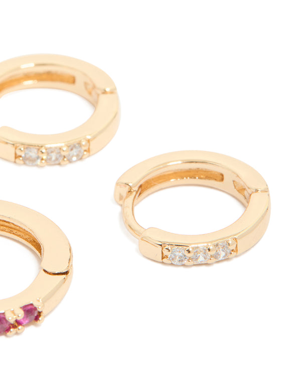 Gold Dark Pink Cubic Zirconia Huggie Earrings 3-Pack